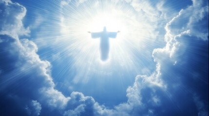 Jesus Christ In The Clouds Of Heaven With Brilliant Light, Ascension Christ Return. AI Generated Images