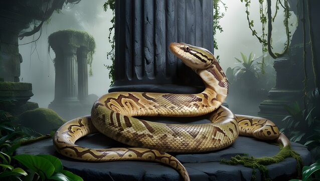 A majestic saanp, also known as an Indian rock python, is coiled around a ancient stone column in a misty, mystical jungle, its scaly skin a mesmerizing blend of earthy tones - olive green, brown, and