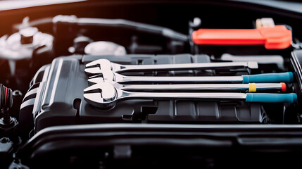 Realistic Photo Of A Car Engine With Tools In A Black And Orange