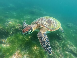 Green sea turtle swimming underwater  - ai