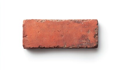 A single red brick on a white background, viewed from above. The brick is flat and rectangular in shape, with visible nail holes along its length and width.