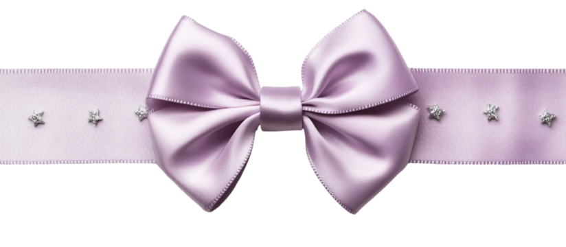 Purple bow decorated with silver stars, ribbon for gift box, on transparent background.