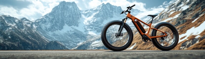 Fototapeta premium A sleek electric mountain bike with flat tires is displayed on the side of an alpine road, set against a backdrop of snow-capped mountains.