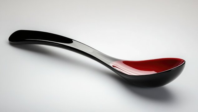 A sleek, modern black spoon with an elongated red bowl that is slightly curved at the end of its handle.