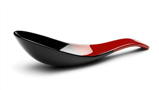 A sleek, modern black spoon with an elongated red bowl that is slightly curved at the end of its handle.