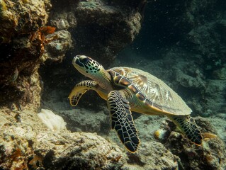 Fototapeta premium Green sea turtle swimming underwater - ai