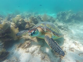 Naklejka premium Green sea turtle swimming underwater - ai