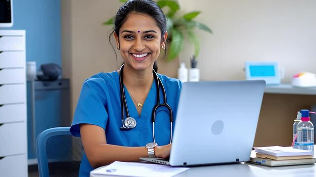 Smiling Indian nurse using laptop in medical office