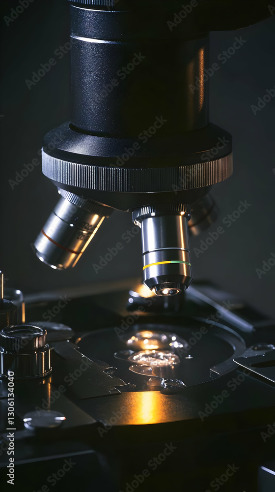 Poster realistic photo of microscope in laboratory with detail and science