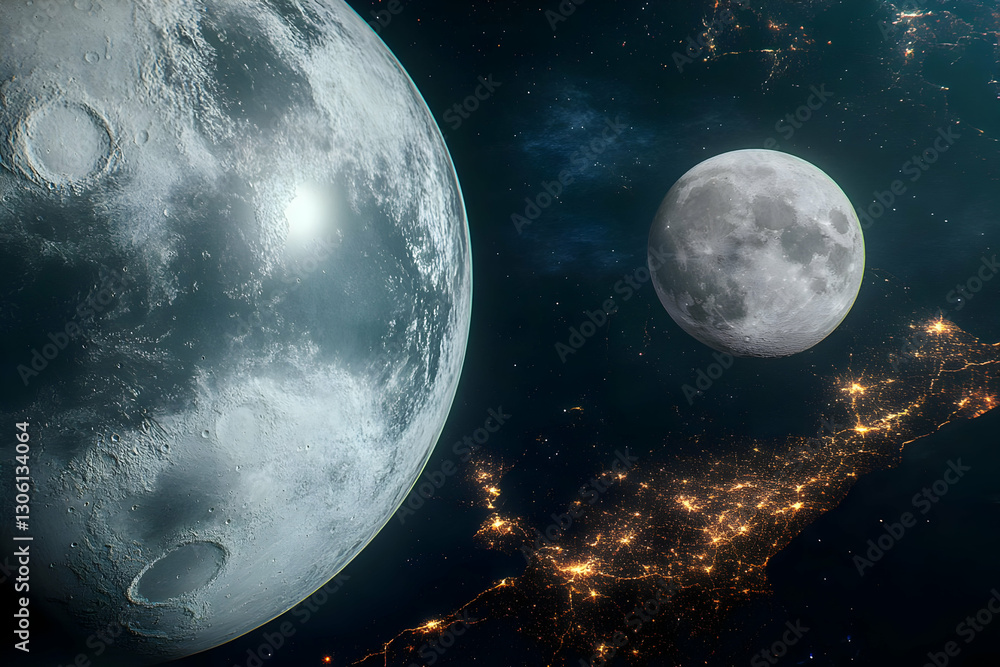 Poster realistic photo of moon and planet in deep space illuminated universe