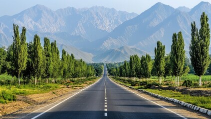 A straight road leads to the mountains, lined with green trees on both sides. The asphalt surface is smooth and clean, with white lines indicating the flow of traffic.