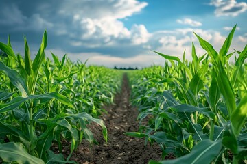 Young corn growing in cultivated field under cloudy sky