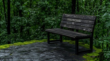 Fototapeta premium Serene Forest Bench Tranquil Nature Escape Mossy Stone Wooden Seat