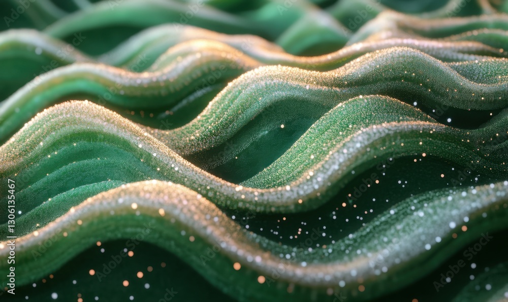 Poster abstract green waves with sparkling particles background for digital art