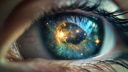 Cosmic Eye: A Universe Reflected in the Iris, Awe Inspiring Celestial Galaxy in Human Eye