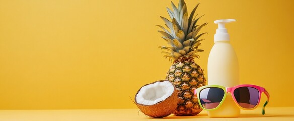 A sun-drenched yellow background with ample space for text, featuring sunglasses and pineapple-shaped sunscreen bottles on the right side. The left half is blank,