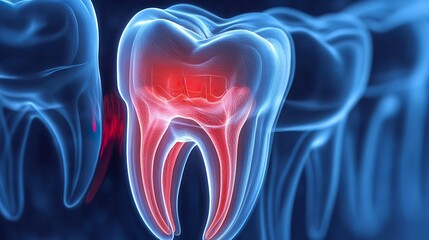A concept image showing a glowing red area inside a tooth, visualizing toothache pain