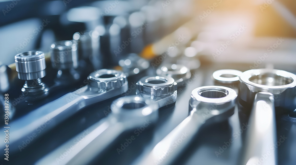 Poster shiny silver metal wrenches and tools array illustration in workshop