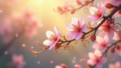 Delicate Pink Blossoms on a Branch with Golden Accents, Illuminated by Warm Sunlight, Creating a Serene and Peaceful Atmosphere