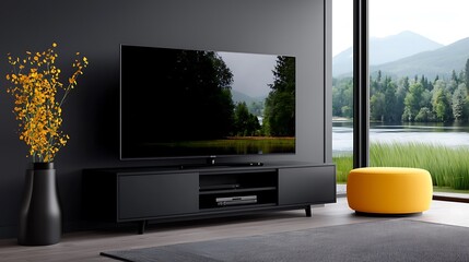 Fototapeta premium Modern Black TV Unit with Sliding Doors and Yellow Ottoman in Minimalist Living Room