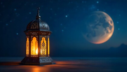 Fototapeta premium Intricate Arabic lantern glowing warmly, crescent moon in background, starry night sky, wooden surface, Ramadan ambiance, peaceful atmosphere.