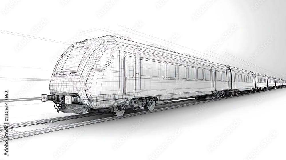 Poster train wireframe rendering on tracks showcasing transport design concept