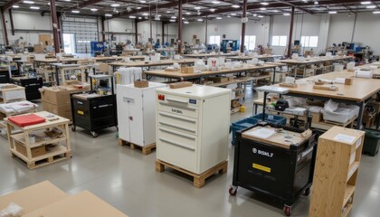 Discover the organized chaos of a bustling woodworking shop, showcasing rows of workbenches, cabinets, and tools in a large industrial space Witness the art of craftsmanship as artisans bring wood to