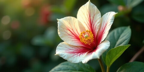 Fototapeta premium A Delicate Blossom of White and Red Petals with a Golden Center, Gracefully Adorned by Lush Green Foliage