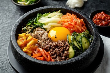 A visually appealing bibimbap dish in a black stone pot, with fresh ingredients neatly arranged before mixing.