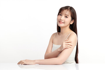 Fototapeta premium Beautiful young asian woman with clean fresh skin on white background, Face care, Facial treatment, Cosmetology, beauty and spa, Asian women portrait.