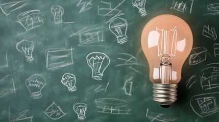 Brilliant Idea Light Bulb on Chalkboard Background with Sketches