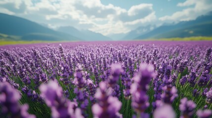 Obraz premium A field of lavender under a bright blue sky.
