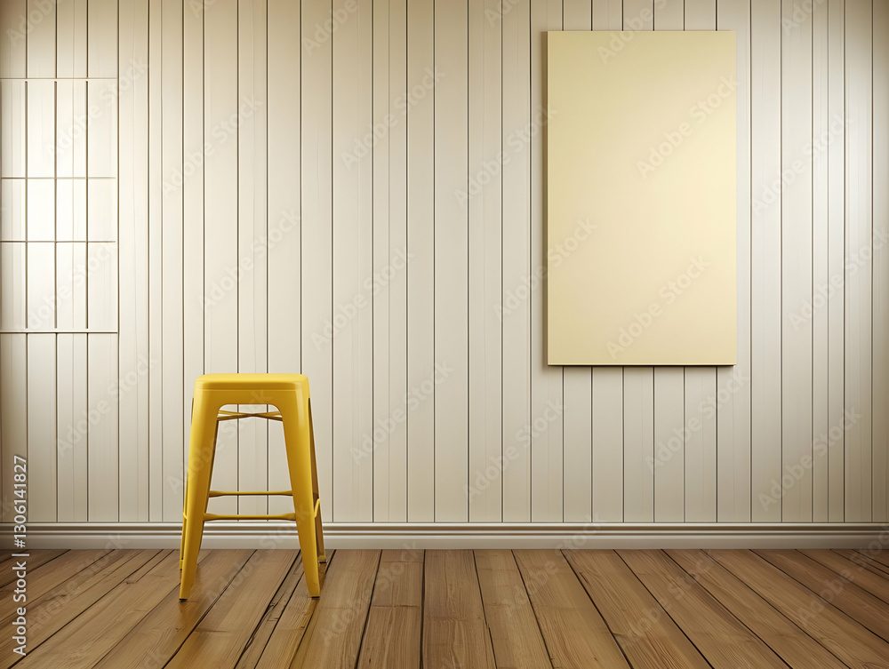 Poster yellow stool in minimalist room with empty frame realistic