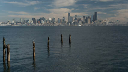 Remains of an old pier at Seacrest Cove across Elliot Bay from Seattle skyline