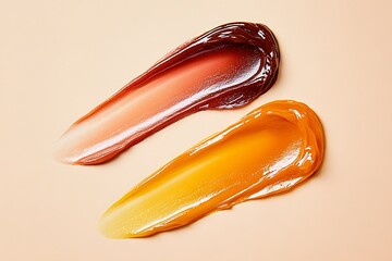 Two swatches of cosmetic cream in orange and brown shades on a beige background.