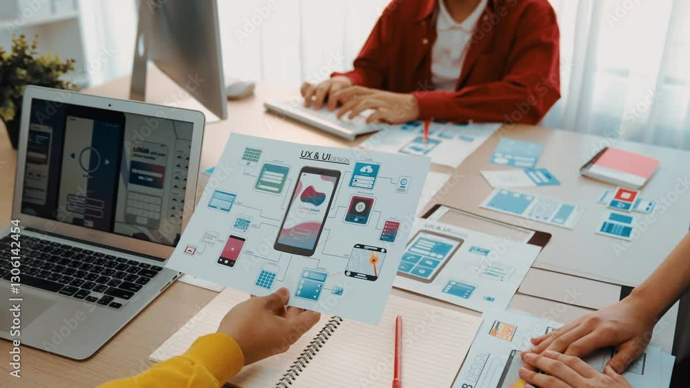 Poster excellent startup company employee presenting user interface prototype for mobile application to sma