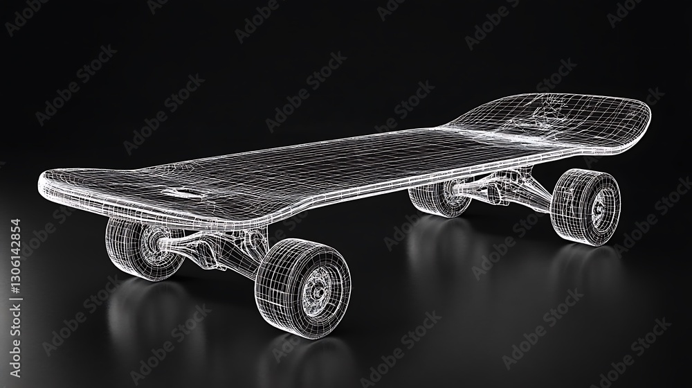 Poster wireframe skateboard design on black background with technical outline style