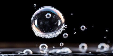 Large bubble floats, small bubbles burst, dark background, science