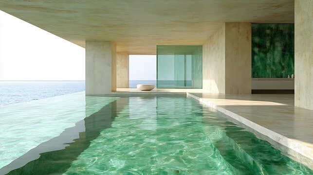Serene infinity pool glows under soft sunlight reflecting vibrant green water. AI Generated