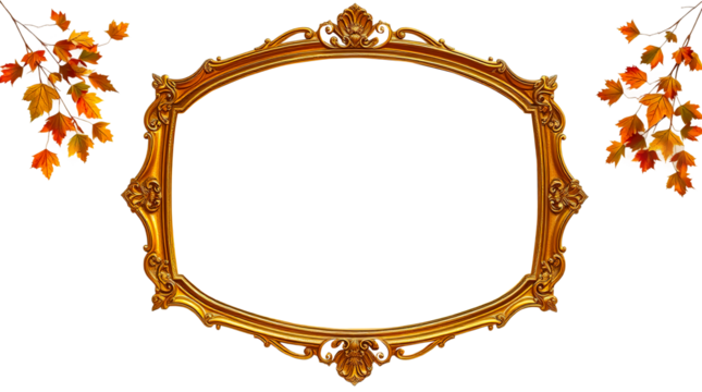 Elegant Gold Ornate Frame Autumn Leaves Design Template Perfect for Fall Invitation Cards Luxury Vintage Style Black Background High Resolution Image 