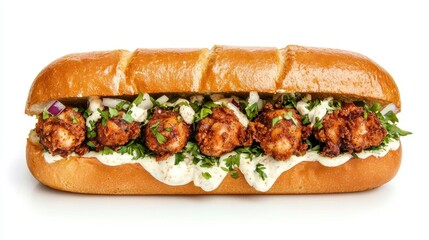 Delight in the visual allure of a sumptuous shrimp po' boy sandwich, showcasing golden-fried shrimp nestled within a soft, toasted roll, generously adorned with creamy remoulade sauce, fresh shredded