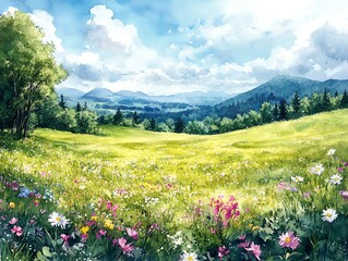 Serene Irish countryside, rolling green hills, mystical rainbow watercolor painting, soft ambiance, hidden pot of gold, dreamy and magical landscape