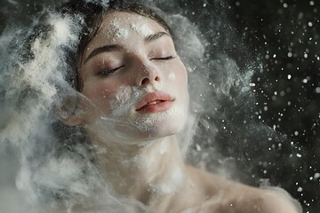 Woman surrounded by flour, eyes closed, peaceful expression.