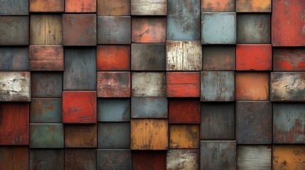 Rustic Wooden Cubes Wall Richly textured deep colors. AI Generated