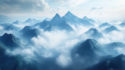 A misty mountain range in the early morning light.