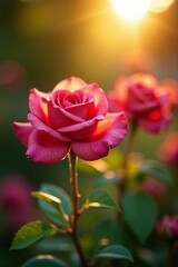 Fototapeta premium Close-up of miniature roses basking in the sun, close-up, vibrant