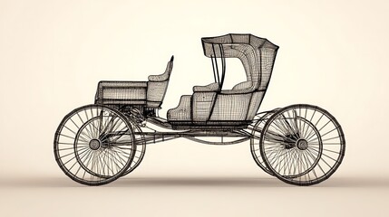 Antique Carriage Wireframe Rendering with Cream Background for Historical Designs