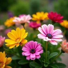 Obraz premium Close-up of a variety of blooming flowers in a peaceful garden setting, close-up, flowers, garden