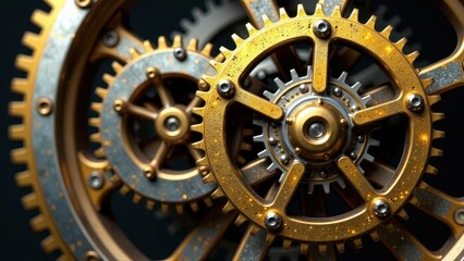 Intricate Golden and Silver Gears Intermeshing in Precise Mechanical Harmony