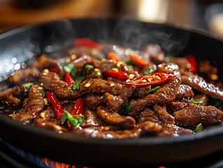 Sizzling Beef Stir Fry with Fresh Vegetables and Spicy Chili Peppers